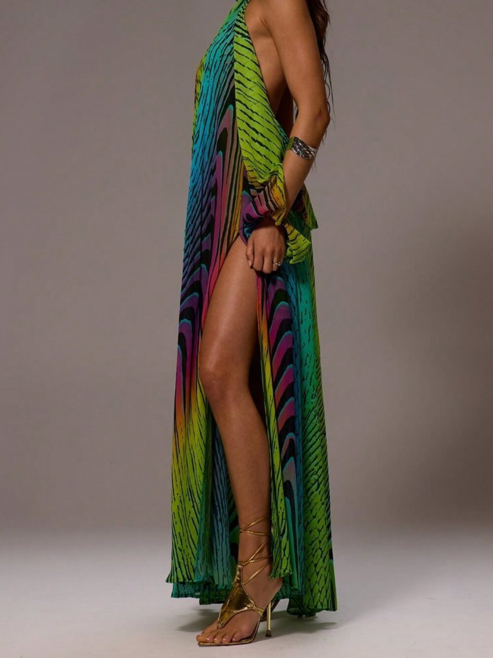 Yellow Boho Women's Chiffon Maxi Dress with Open Back Split Sleeves Halter Neck - Picture 3 of 6
